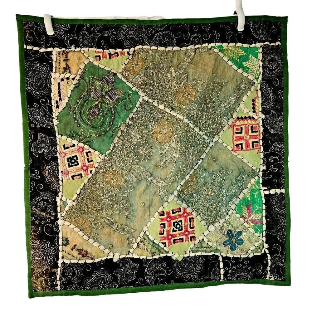 Boho Sari Patchwork Beaded Pillow Covers 26” Sq Velvet Trim – Repurpose Fabric